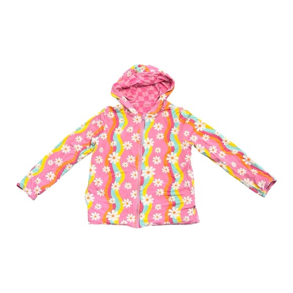 Bums & Roses Reversible Hoodie Jacket Girls 7/8 Pink Checkered Floral - Picture 2 of 10